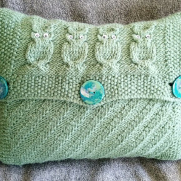 Hand Crafted Pillow Knit Sage Green Owl Googly Eye Hand Painted Button H… - Picture 1 of 15